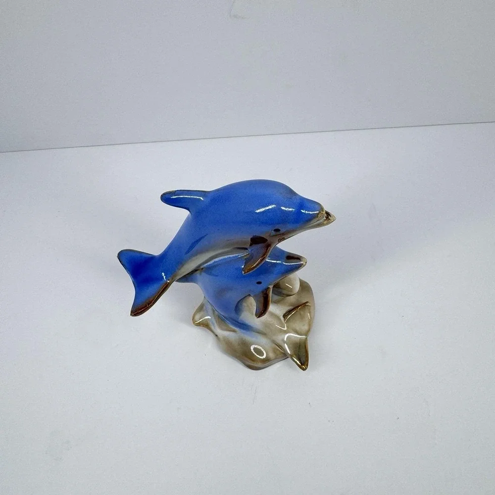 Vintage Ceramic Dolphin Pair Figurine Blue Brown Ocean Coastal Decor 6